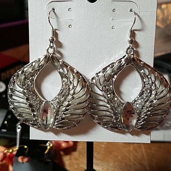 Wings SILVER TONE & RHINESTONE 1 1/2" Earrings - Picture 1 of 3